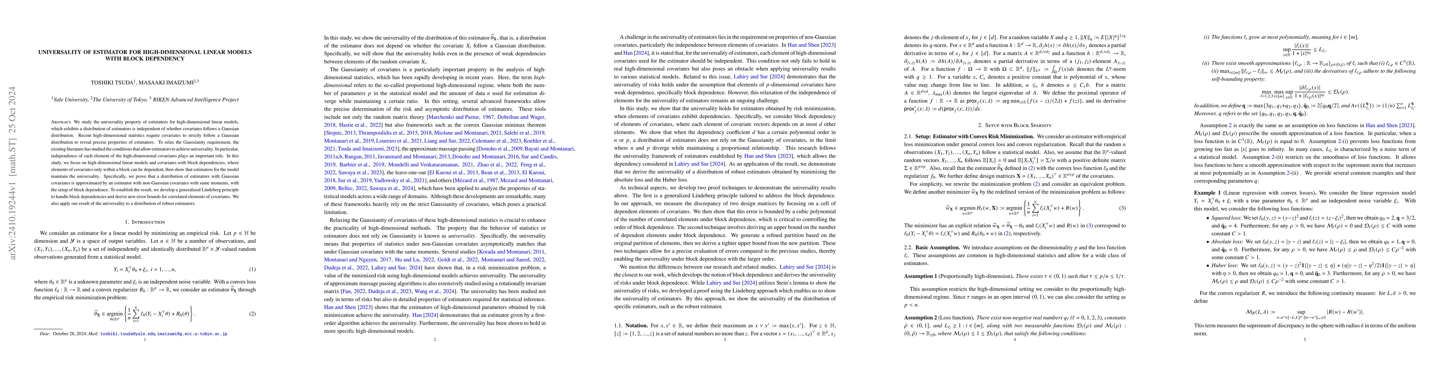 Thumbnail for Universality of Estimator for High-Dimensional Linear Models with Block
  Dependency