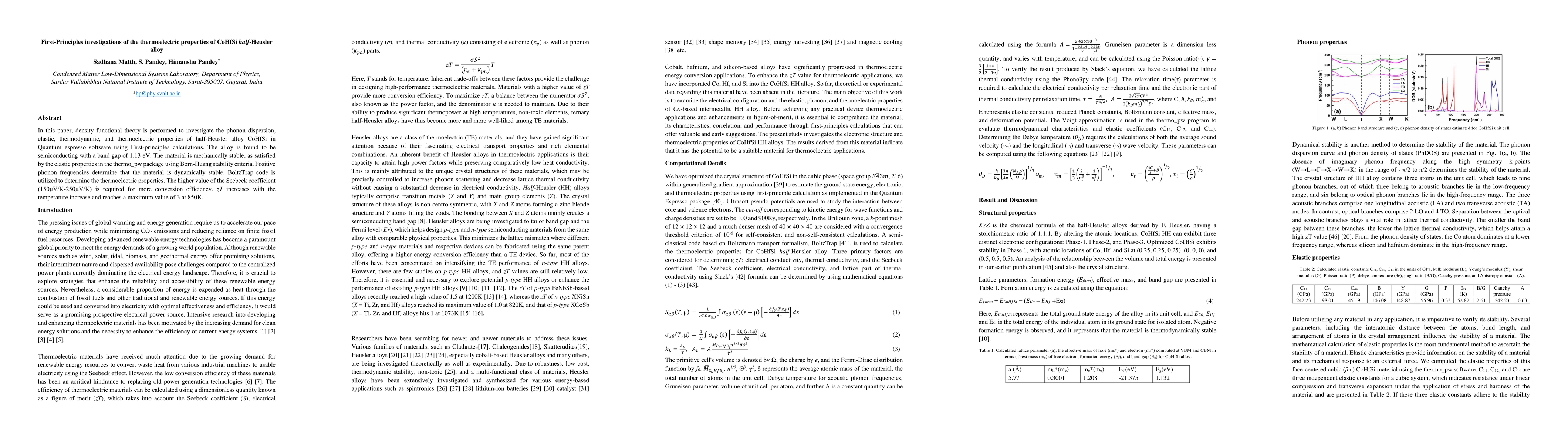Thumbnail for First-Principles investigations of the thermoelectric properties of
  CoHfSi half-Heusler alloy