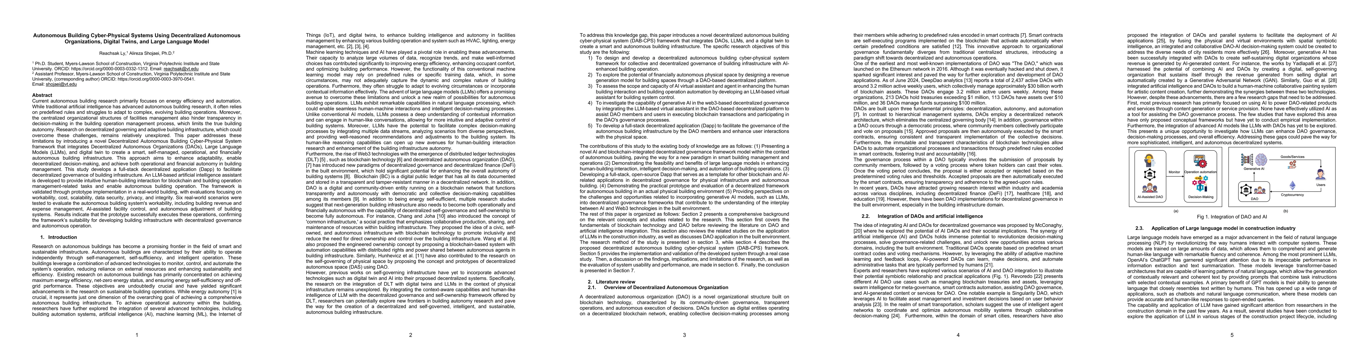 Thumbnail for Autonomous Building Cyber-Physical Systems Using Decentralized
  Autonomous Organizations, Digital Twins, and Large Language Model