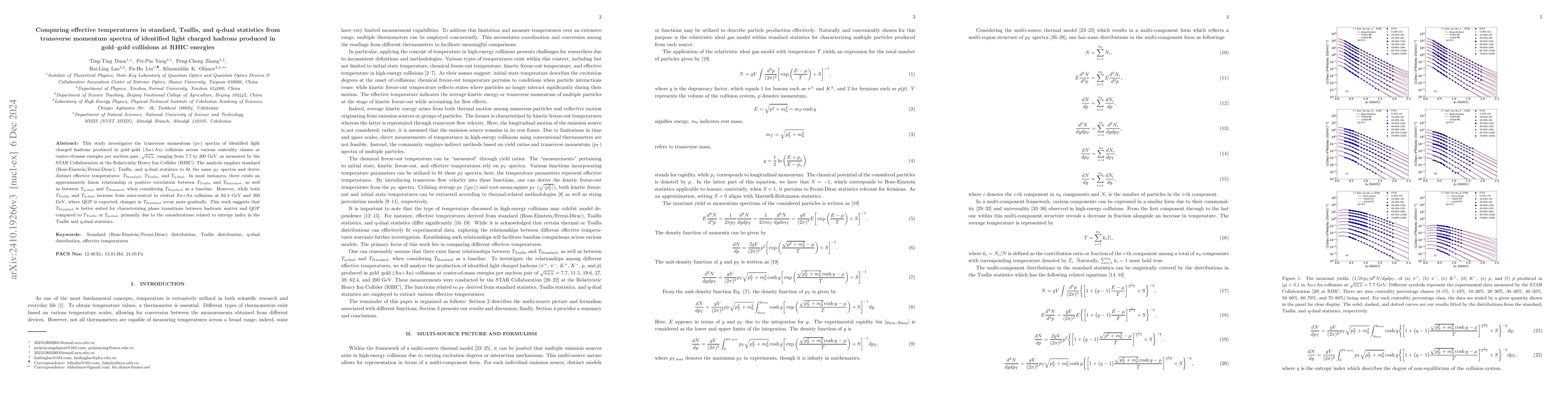 Thumbnail for Comparing effective temperatures in standard, Tsallis, and q-dual
  statistics from transverse momentum spectra of identified light charged
  hadrons produced in gold--gold collisions at RHIC energies