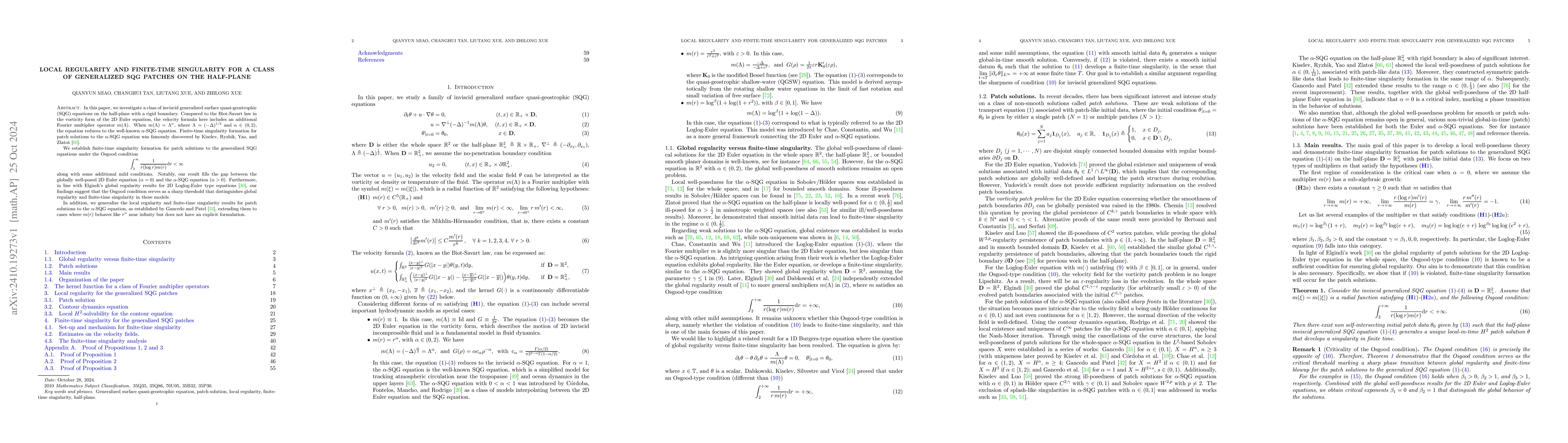 Thumbnail for Local regularity and finite-time singularity for a class of generalized
  SQG patches on the half-plane