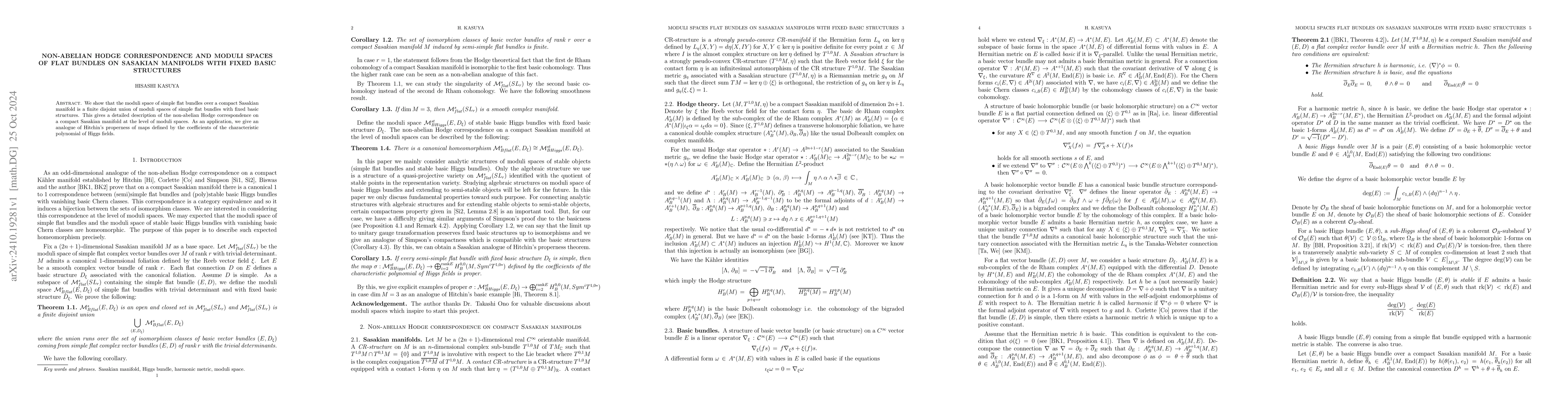 Thumbnail for Non-abelian Hodge correspondence and moduli spaces of flat bundles on
  Sasakian manifolds with fixed basic structures