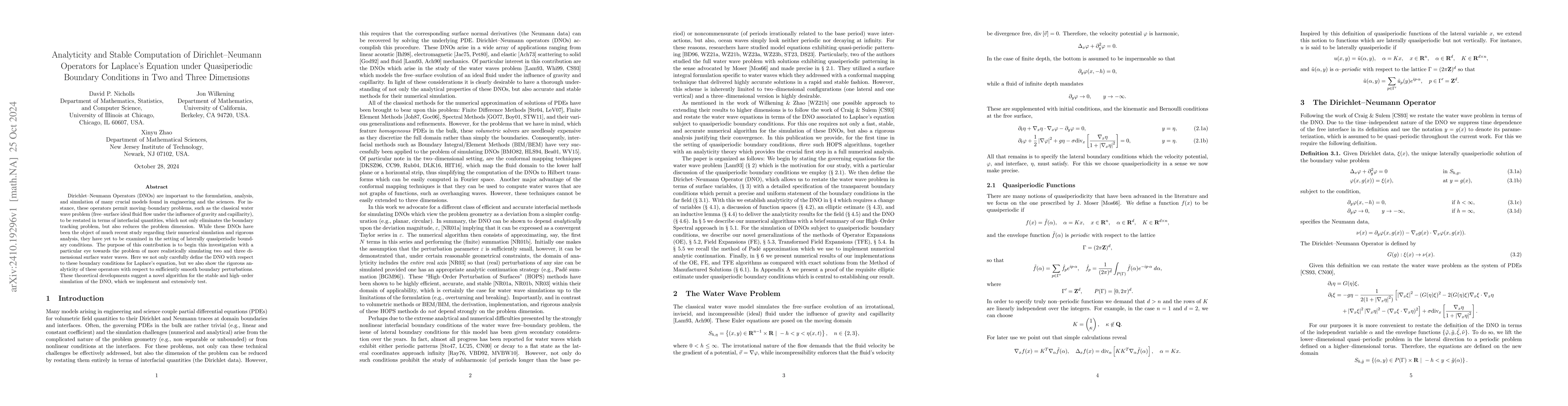Thumbnail for Analyticity and Stable Computation of Dirichlet-Neumann Operators for
  Laplace's Equation under Quasiperiodic Boundary Conditions in Two and Three
  Dimensions