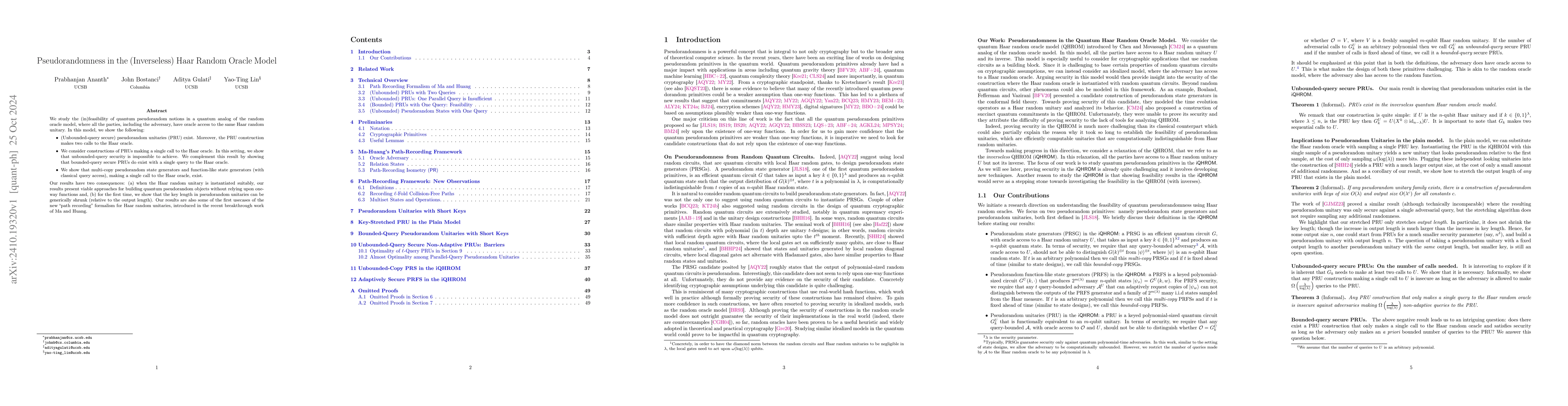 Thumbnail for Pseudorandomness in the (Inverseless) Haar Random Oracle Model
