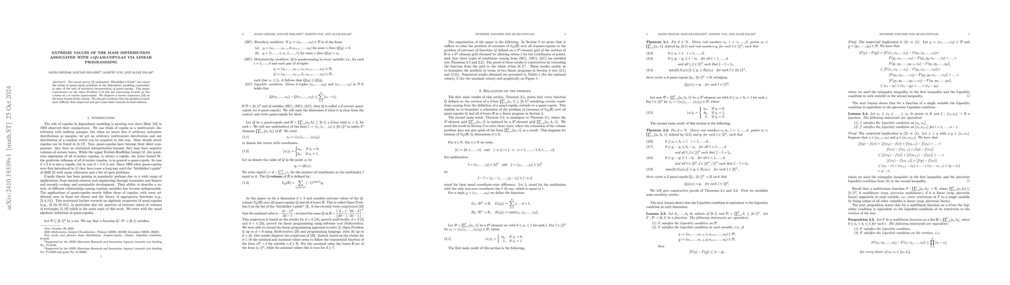 Thumbnail for Extreme values of the mass distribution associated with
  $d$-quasi-copulas via linear programming