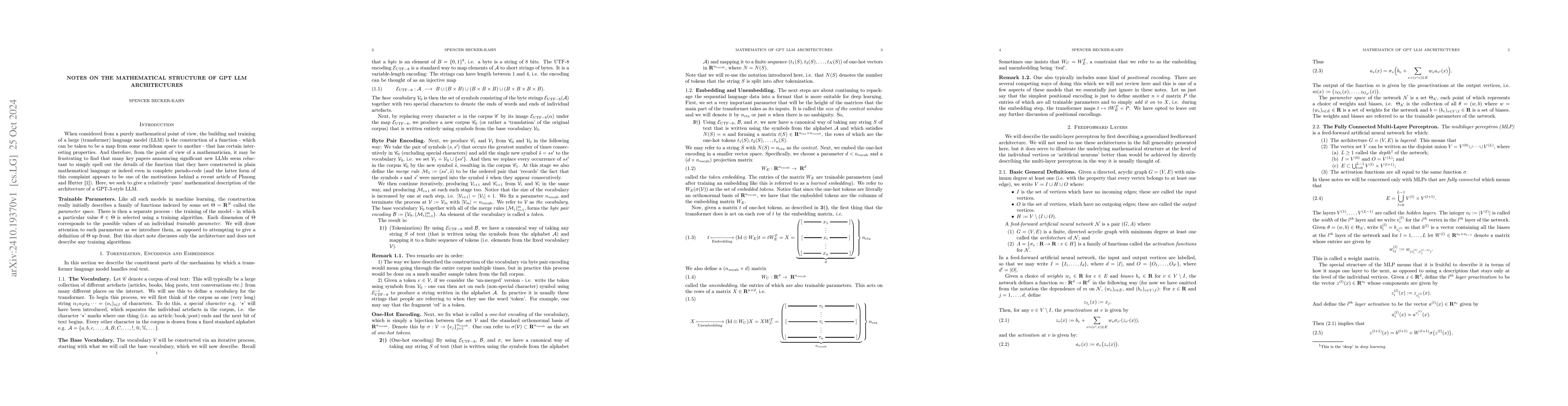Thumbnail for Notes on the Mathematical Structure of GPT LLM Architectures