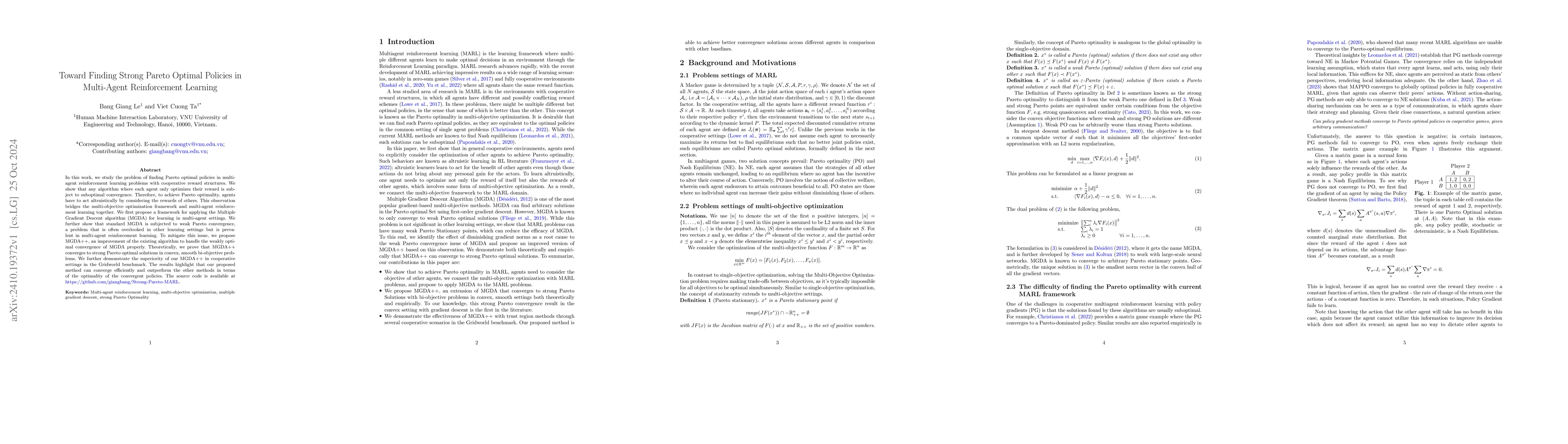 Thumbnail for Toward Finding Strong Pareto Optimal Policies in Multi-Agent
  Reinforcement Learning