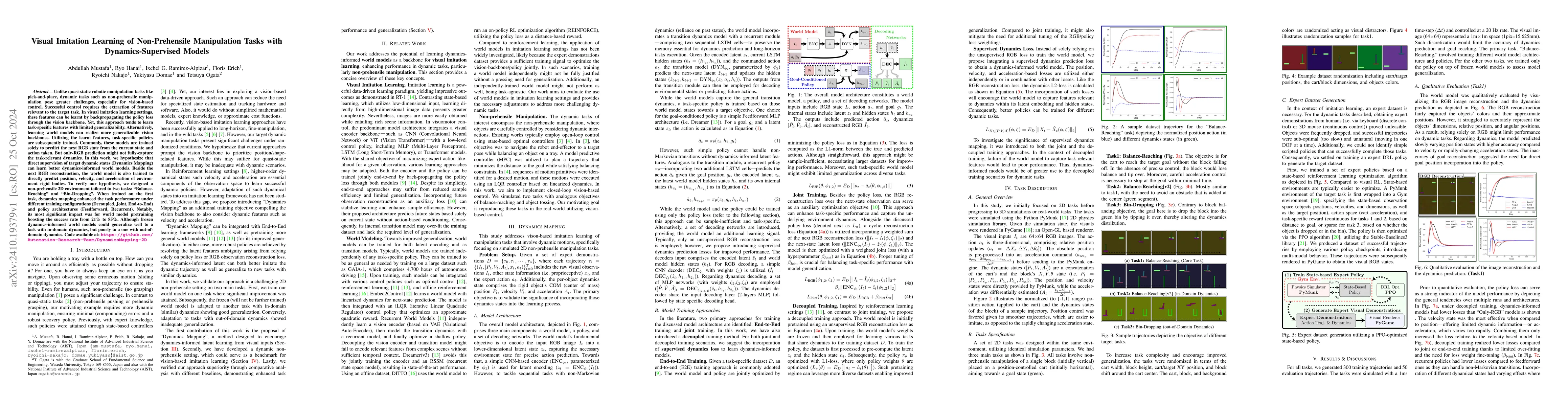 Thumbnail for Visual Imitation Learning of Non-Prehensile Manipulation Tasks with
  Dynamics-Supervised Models