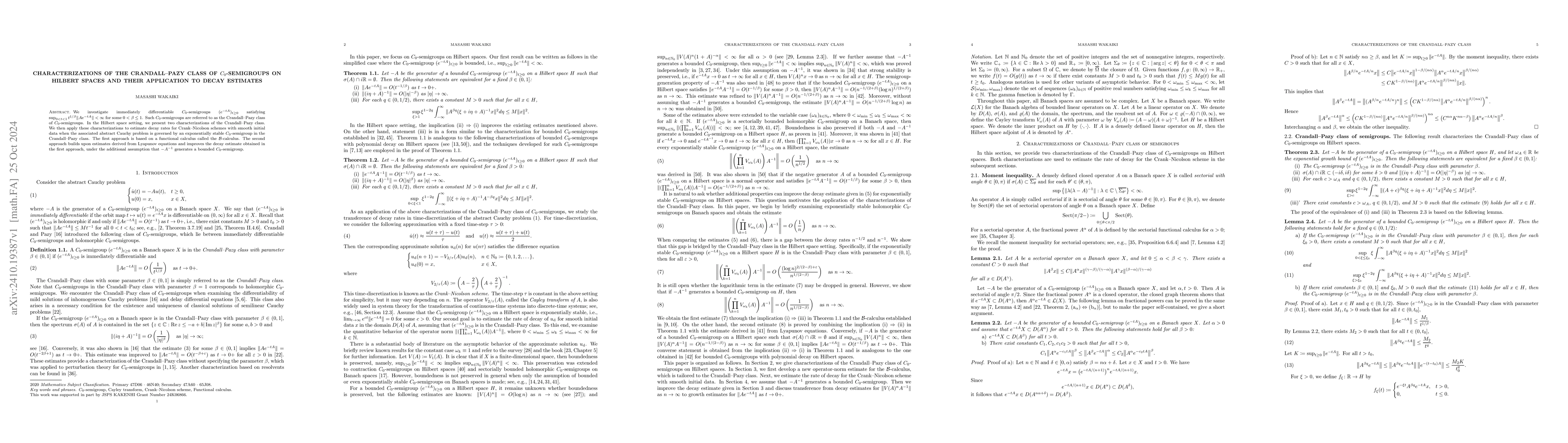 Thumbnail for Characterizations of the Crandall--Pazy Class of $C_0$-semigroups on
  Hilbert Spaces and Their Application to Decay Estimates