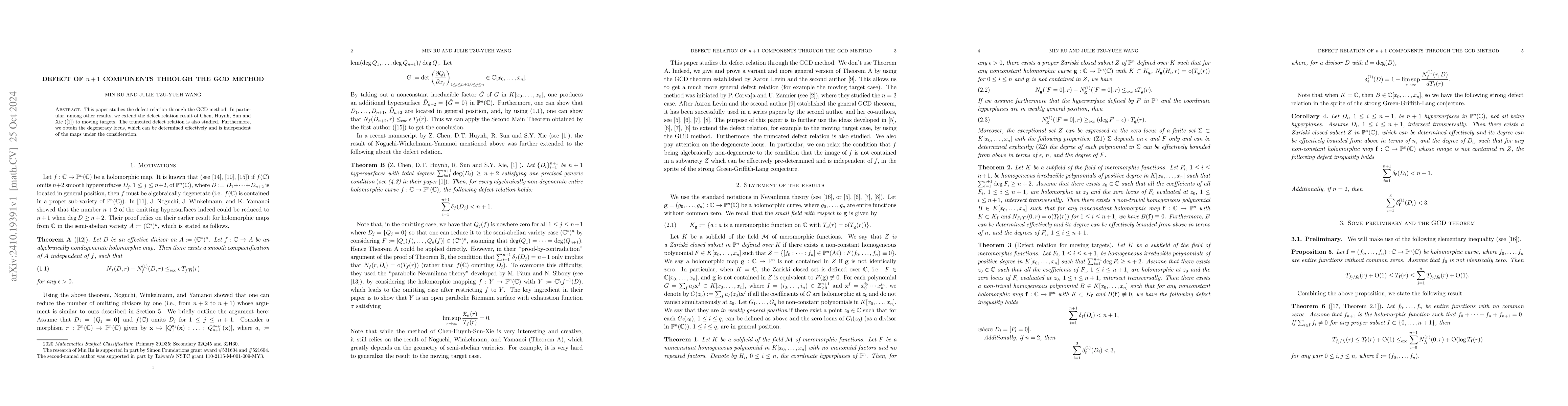 Thumbnail for Defect relation of $n+1$ components through the GCD method]