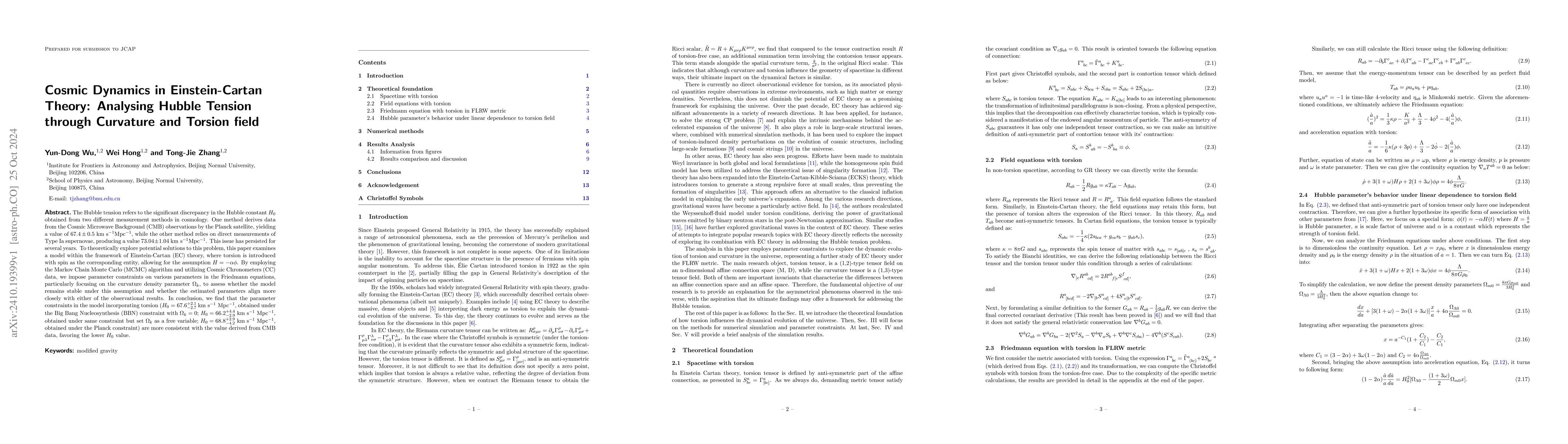 Thumbnail for Cosmic Dynamics in Einstein-Cartan Theory: Analysing Hubble Tension
  through Curvature and Torsion field