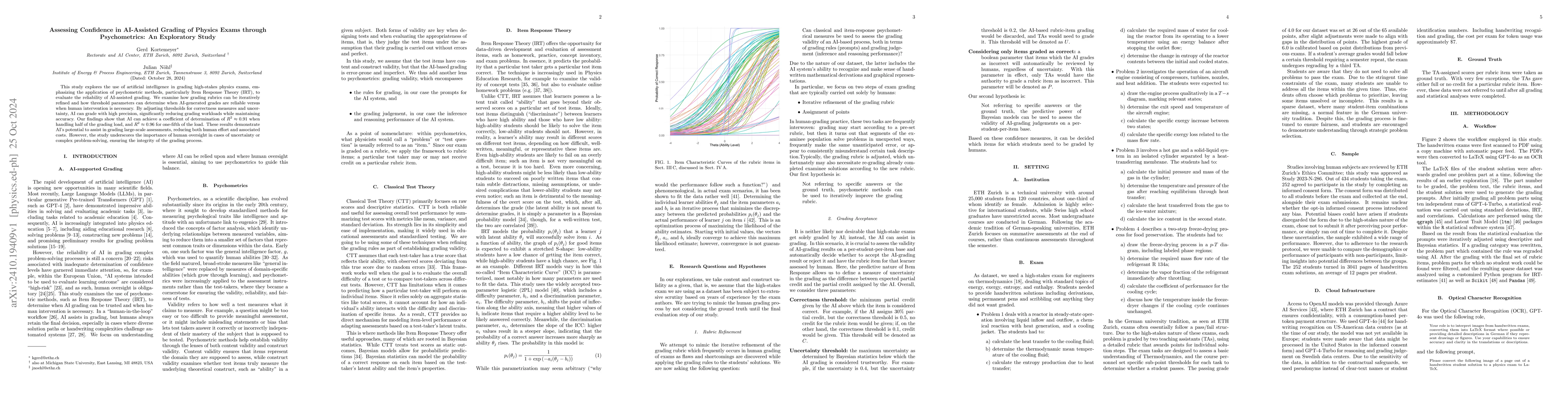Thumbnail for Assessing Confidence in AI-Assisted Grading of Physics Exams through
  Psychometrics: An Exploratory Study