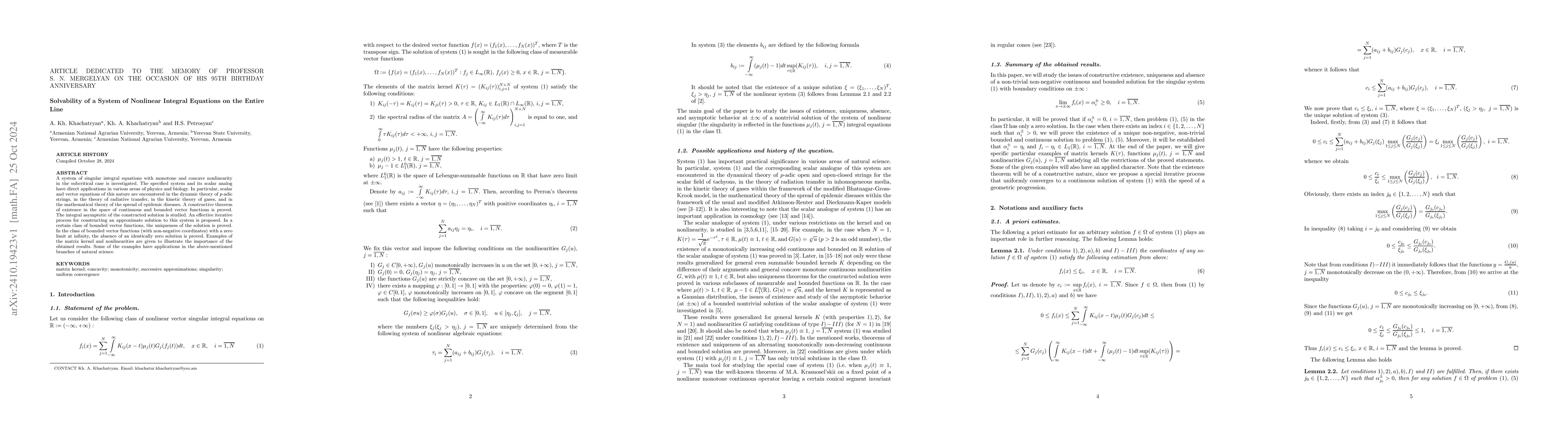 Thumbnail for Solvability of a System of Nonlinear Integral Equations on the Entire
  Line