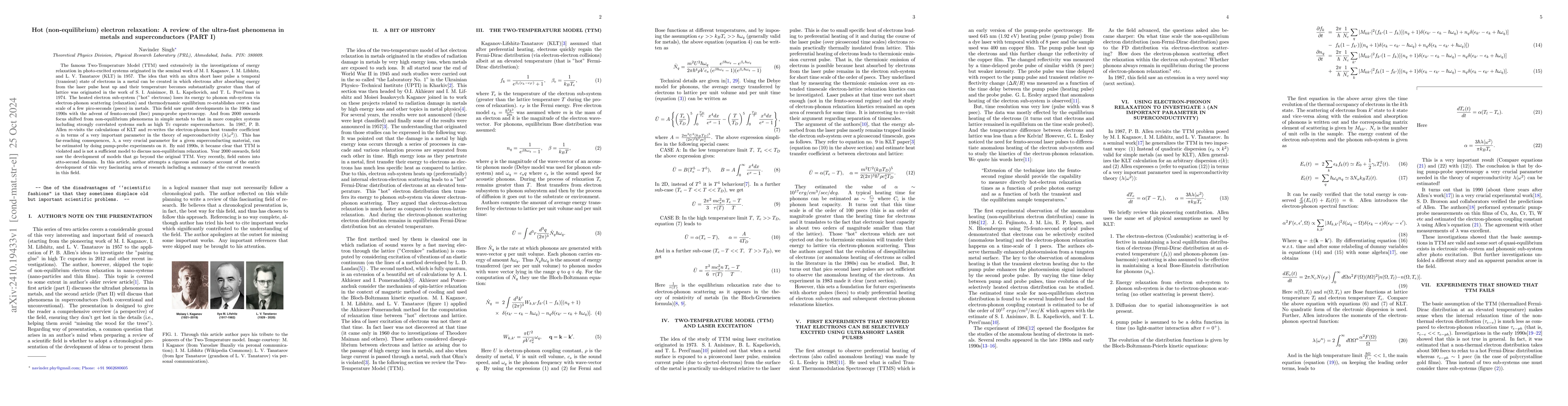 Thumbnail for Hot (non-equilibrium) electron relaxation: A review of the ultra-fast
  phenomena in metals and superconductors (PART I)
