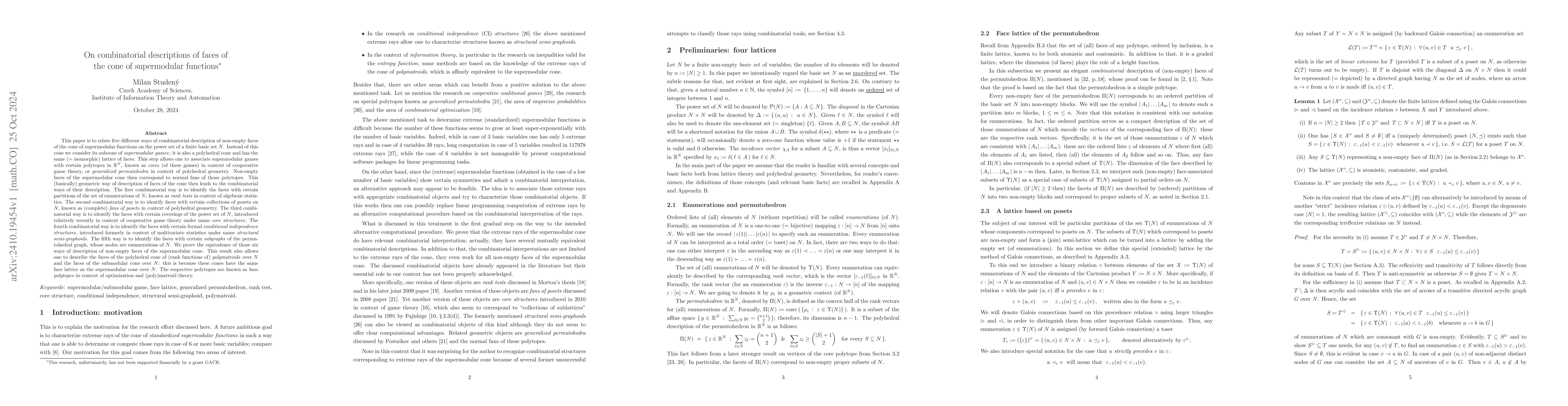 Thumbnail for On combinatorial descriptions of faces of the cone of supermodular
  functions