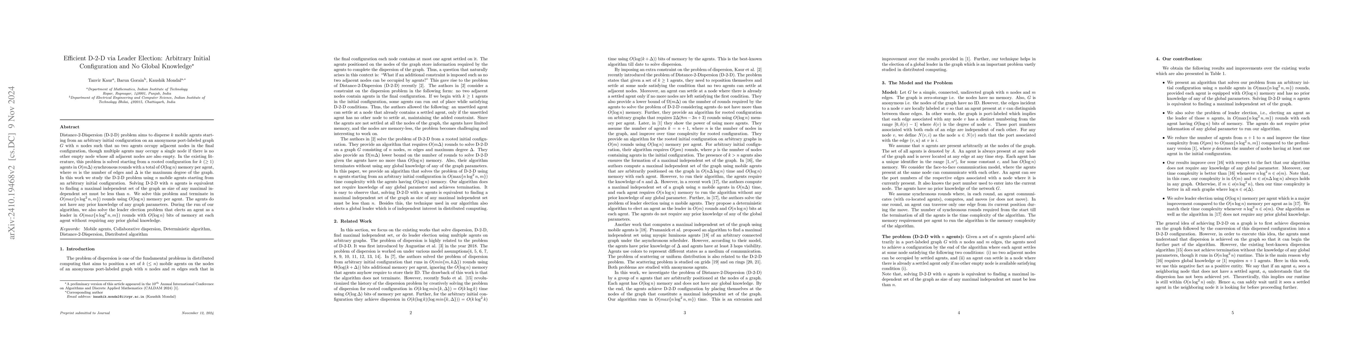 Thumbnail for Efficient D-2-D via Leader Election: Arbitrary Initial Configuration and
  No Global Knowledge