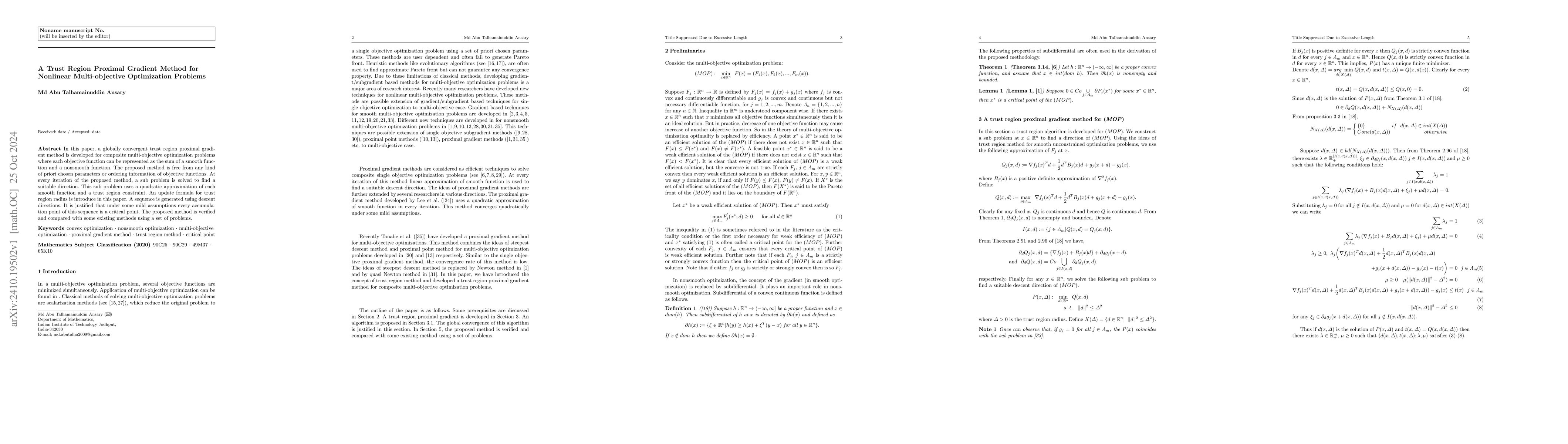 Thumbnail for A Trust Region Proximal Gradient Method for Nonlinear Multi-objective
  Optimization Problems