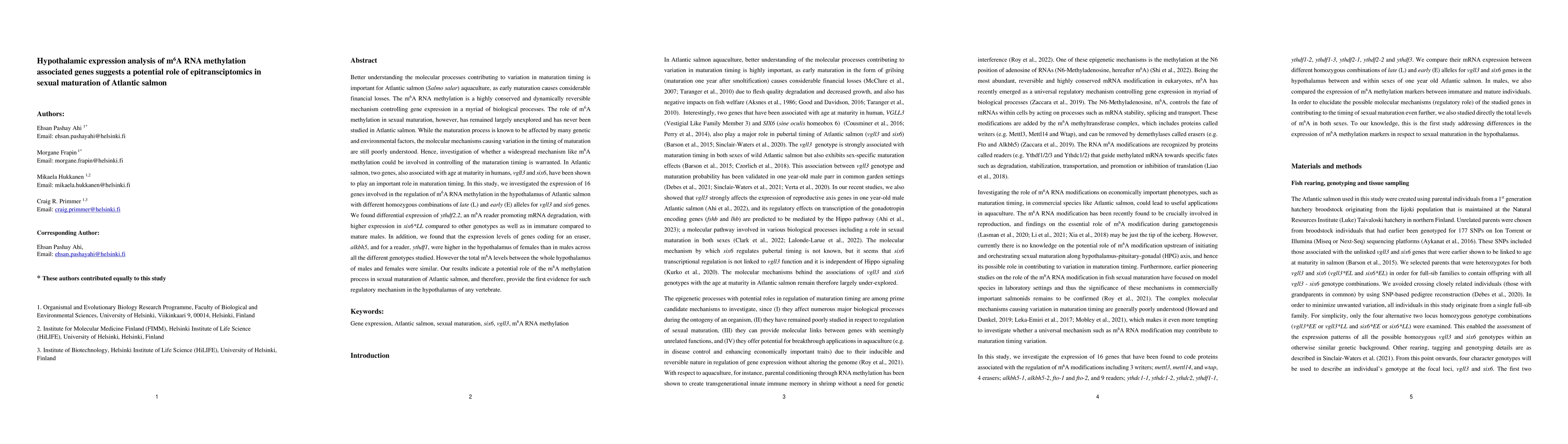 Thumbnail for Hypothalamic expression analysis of m6A RNA methylation associated genes
  suggests a potential role of epitransciptomics in sexual maturation of
  Atlantic salmon