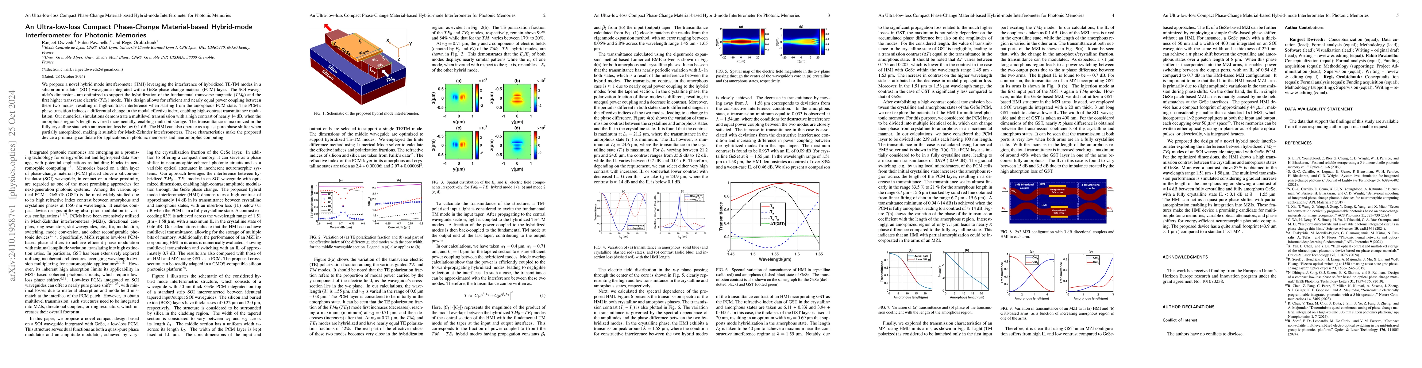 Thumbnail for An Ultra-low-loss Compact Phase-Change Material-based Hybrid-mode
  Interferometer for Photonic Memories