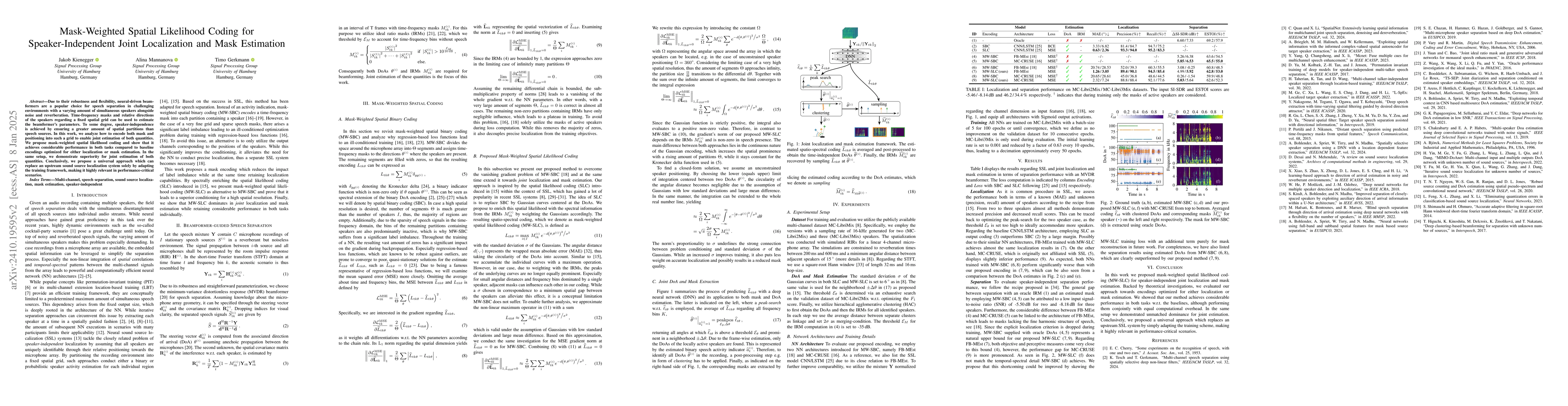 Thumbnail for Mask-Weighted Spatial Likelihood Coding for Speaker-Independent Joint
  Localization and Mask Estimation