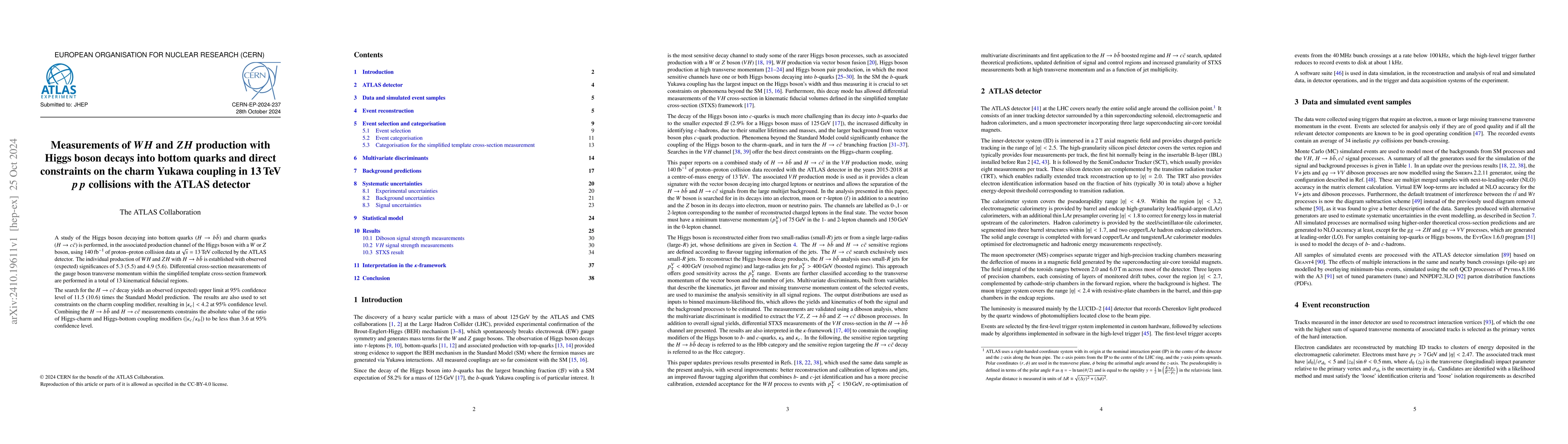 Thumbnail for Measurements of $WH$ and $ZH$ production with Higgs boson decays into
  bottom quarks and direct constraints on the charm Yukawa coupling in
  $13\,\mathrm{TeV}$ $pp$ collisions with the ATLAS detector