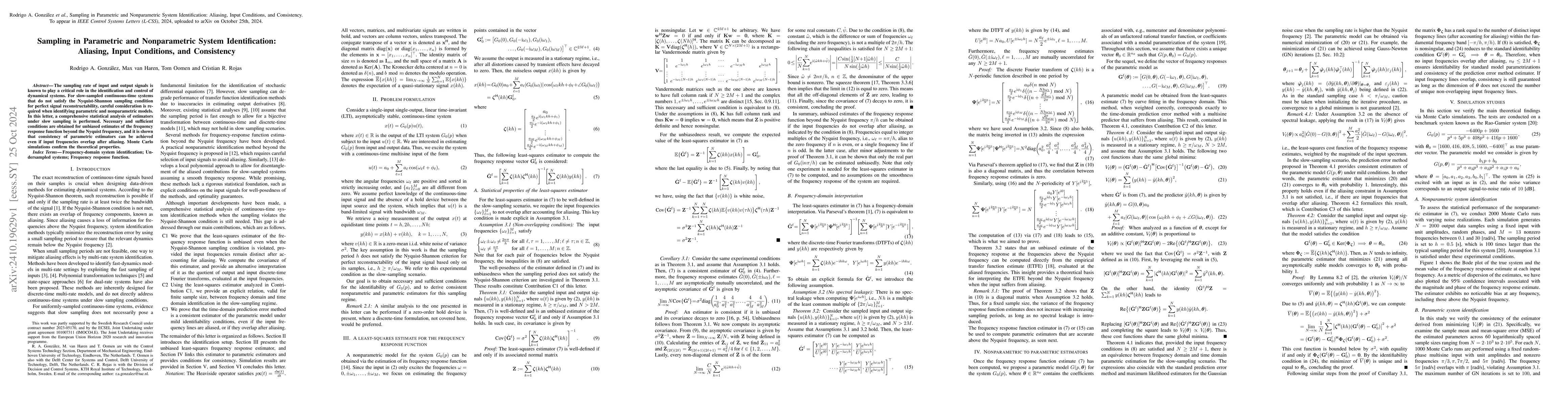 Thumbnail for Sampling in Parametric and Nonparametric System Identification:
  Aliasing, Input Conditions, and Consistency