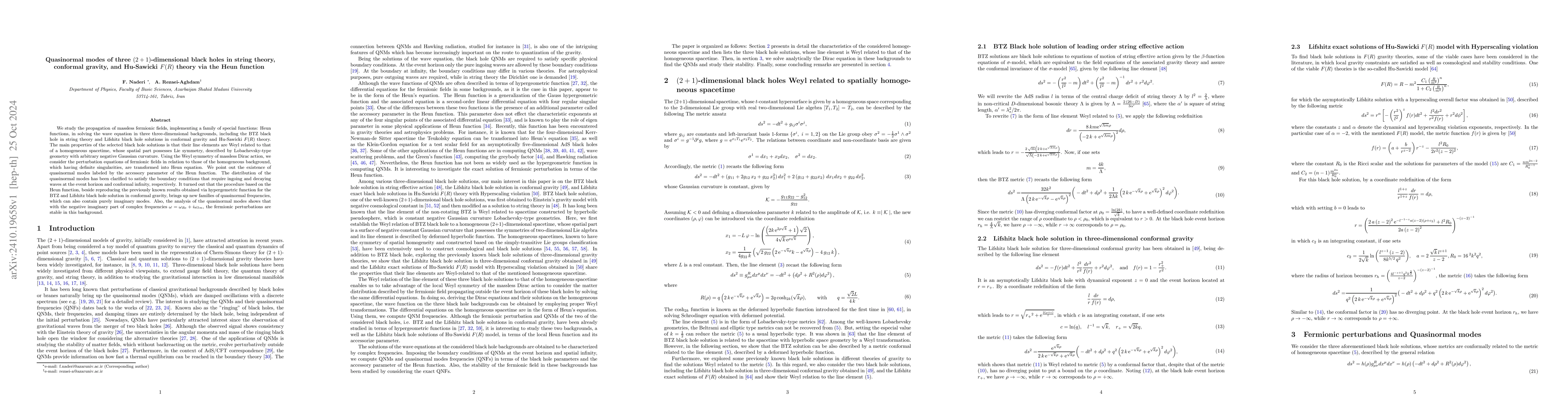 Thumbnail for Quasinormal modes of three $(2+1)$-dimensional black holes in string
  theory, conformal gravity, and Hu-Sawicki $F(R)$ theory via the Heun function