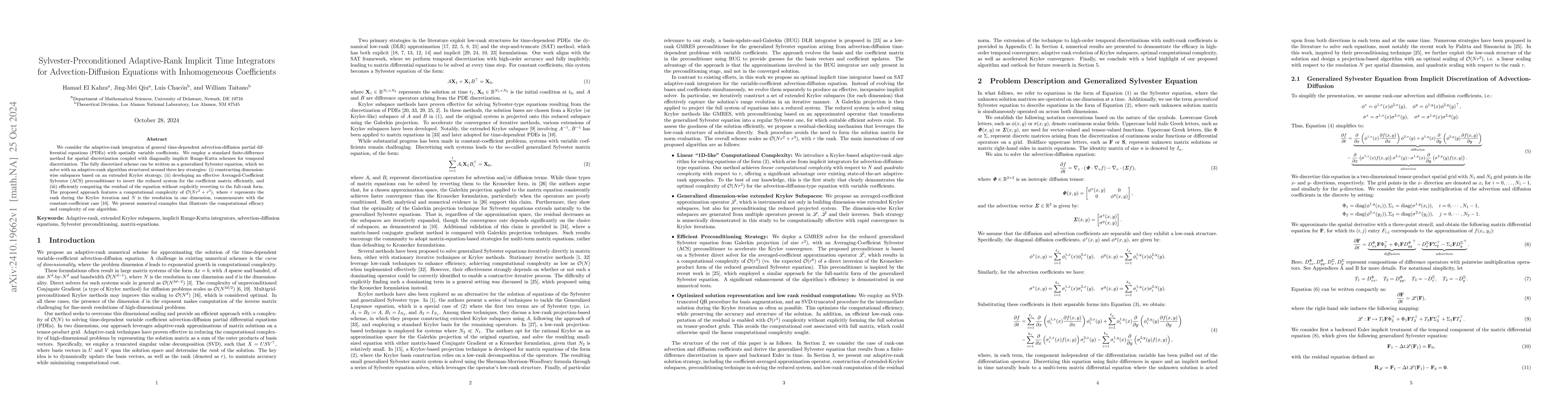 Thumbnail for Sylvester-Preconditioned Adaptive-Rank Implicit Time Integrators for
  Advection-Diffusion Equations with Inhomogeneous Coefficients