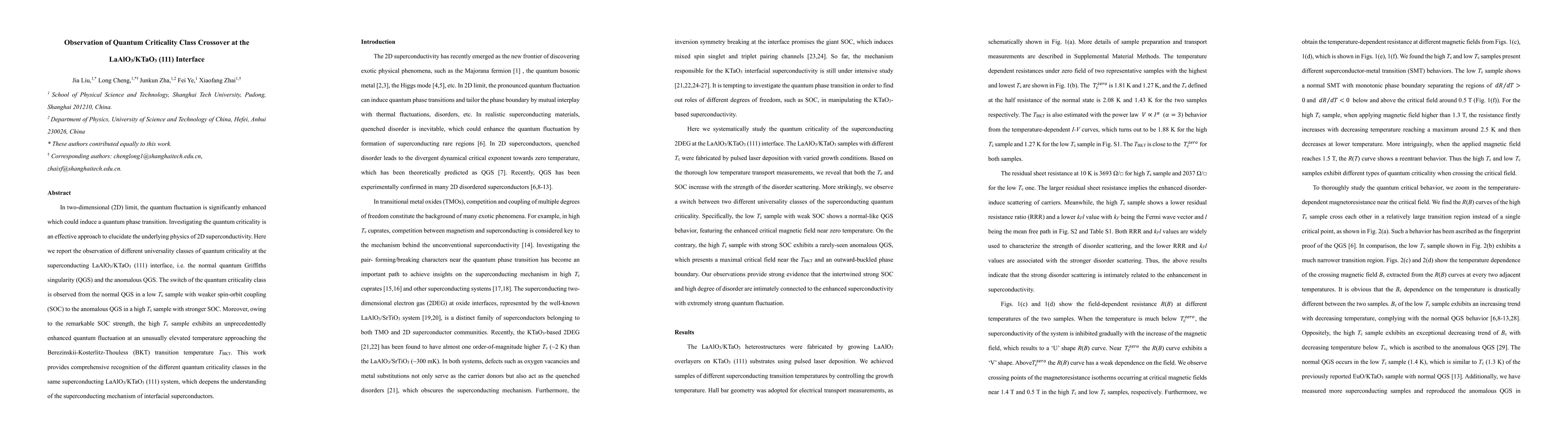 Thumbnail for Observation of Quantum Criticality Class Crossover at the
  LaAlO$_3$/KTaO$_3$ (111) Interface