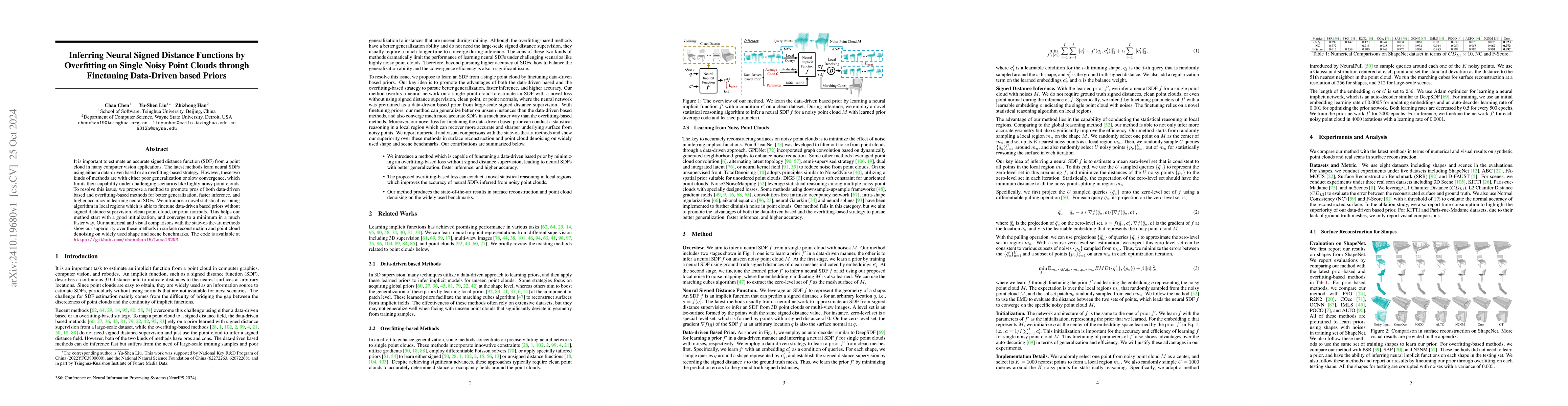 Thumbnail for Inferring Neural Signed Distance Functions by Overfitting on Single
  Noisy Point Clouds through Finetuning Data-Driven based Priors