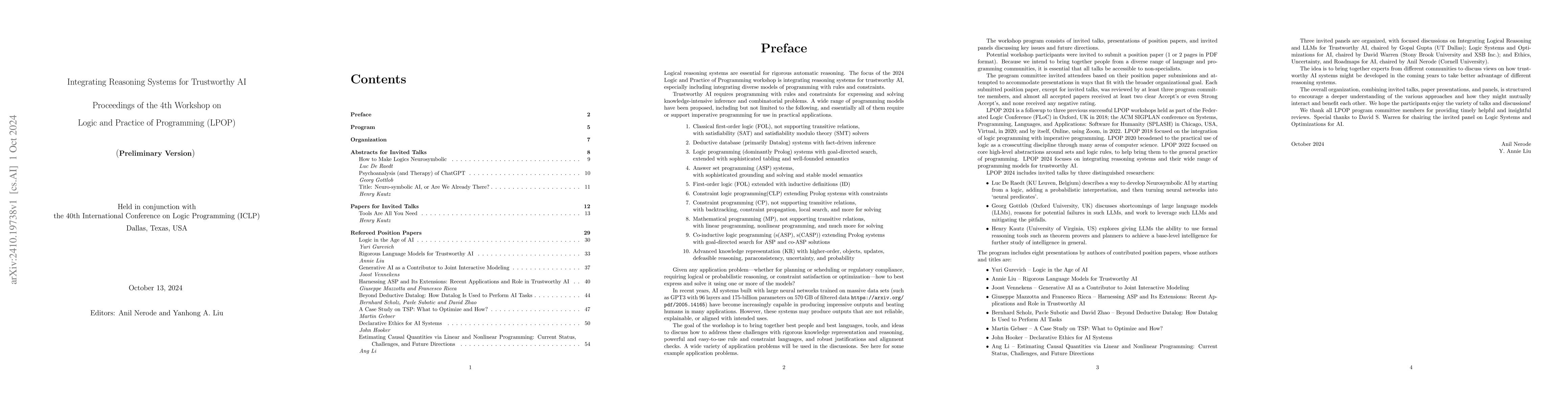 Thumbnail for Integrating Reasoning Systems for Trustworthy AI, Proceedings of the 4th
  Workshop on Logic and Practice of Programming (LPOP)