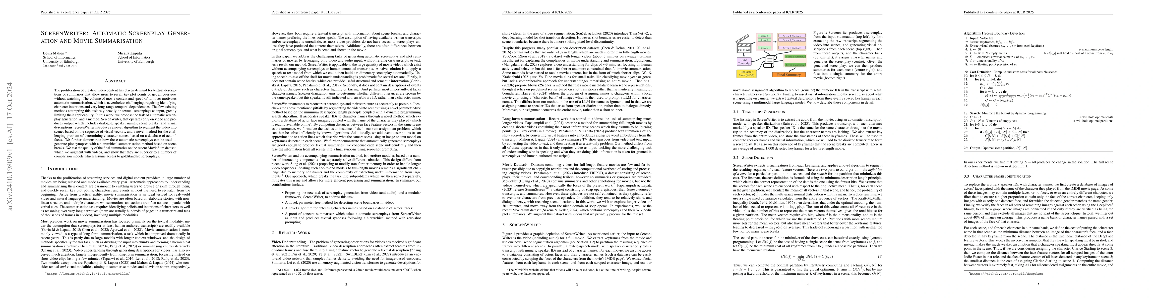 Thumbnail for ScreenWriter: Automatic Screenplay Generation and Movie Summarisation