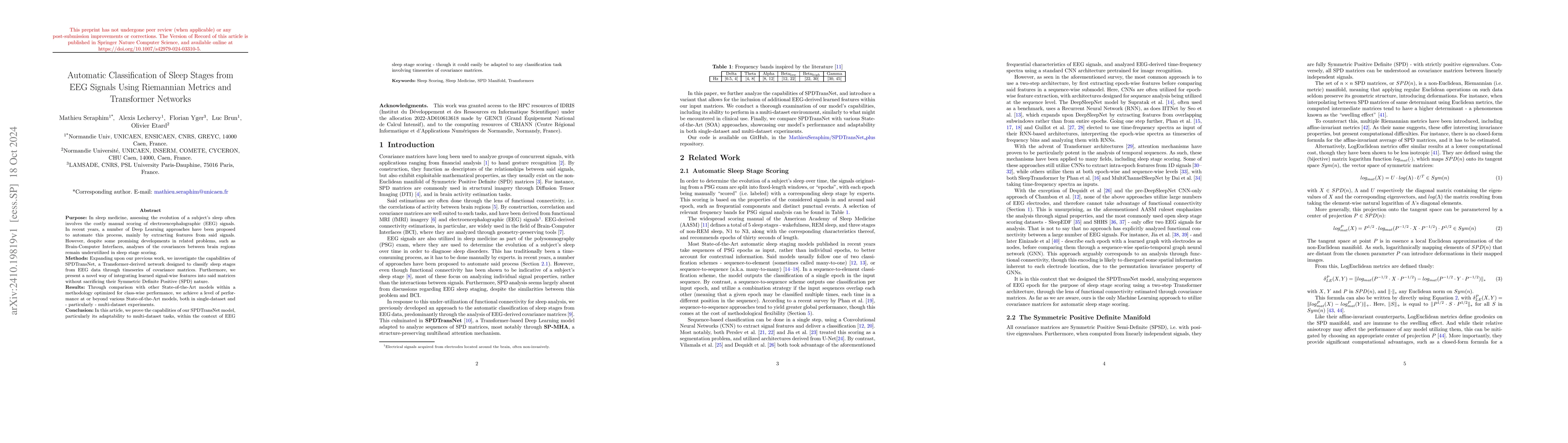 Thumbnail for Automatic Classification of Sleep Stages from EEG Signals Using
  Riemannian Metrics and Transformer Networks