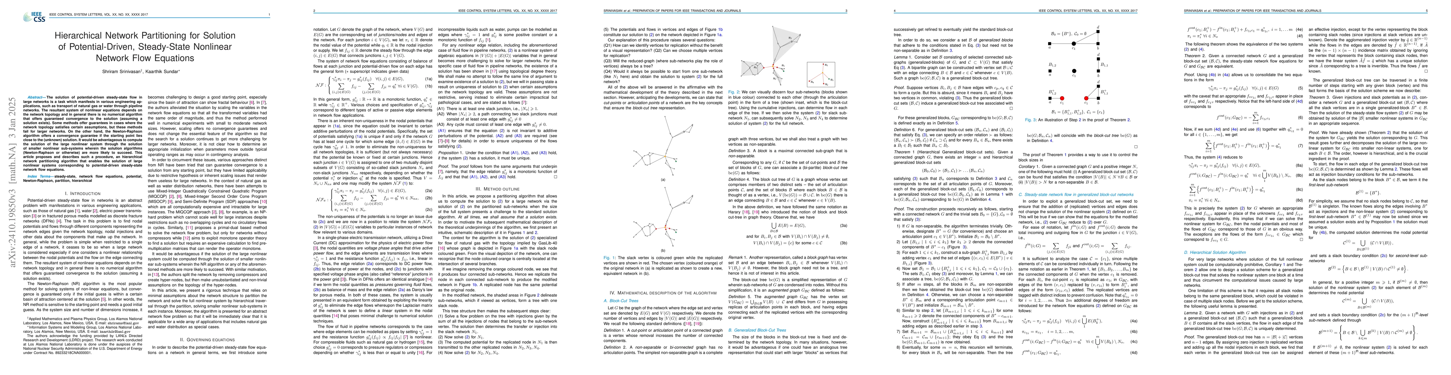 Thumbnail for Hierarchical Network Partitioning for Solution of Potential-Driven,
  Steady-State Nonlinear Network Flow Equations