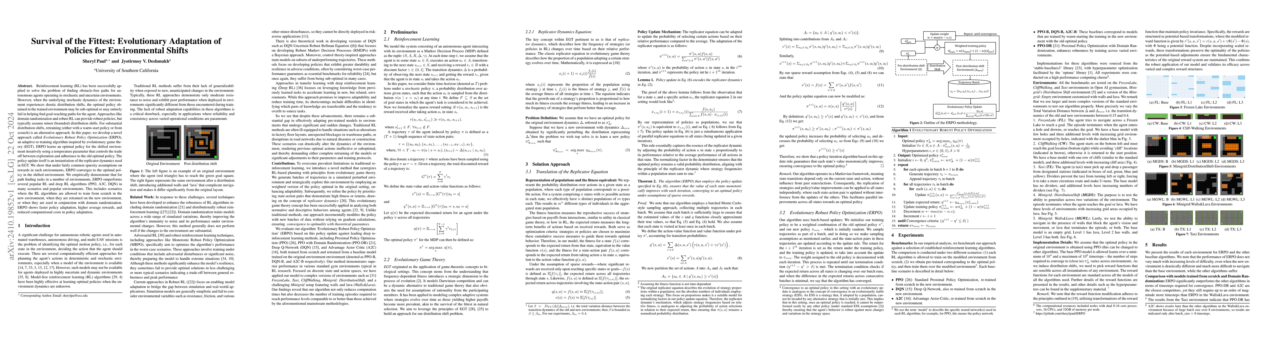 Thumbnail for Survival of the Fittest: Evolutionary Adaptation of Policies for
  Environmental Shifts