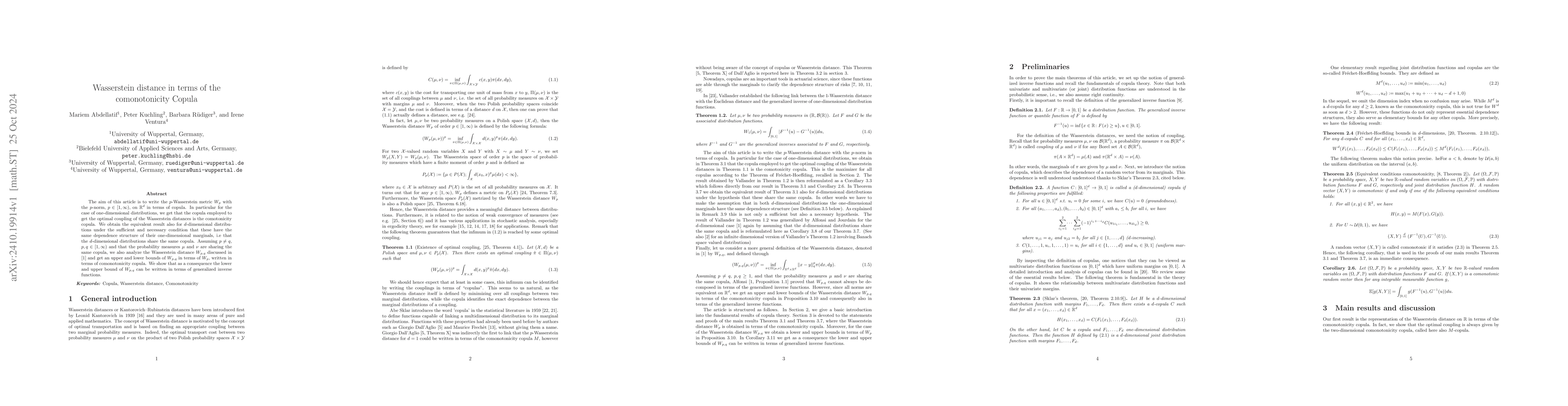 Thumbnail for Wasserstein distance in terms of the comonotonicity Copula
