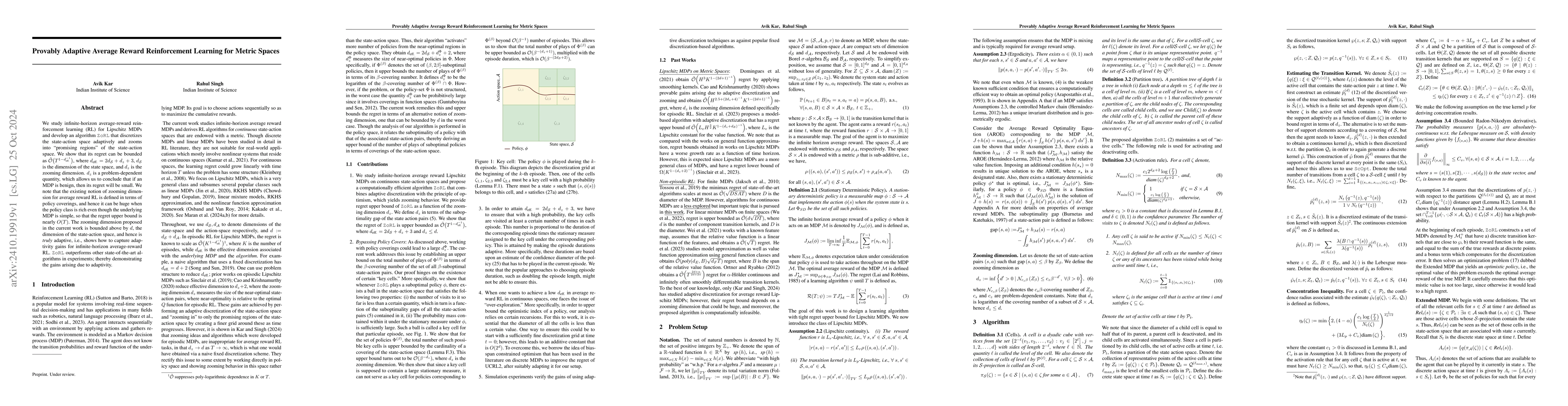 Thumbnail for Provably Adaptive Average Reward Reinforcement Learning for Metric
  Spaces