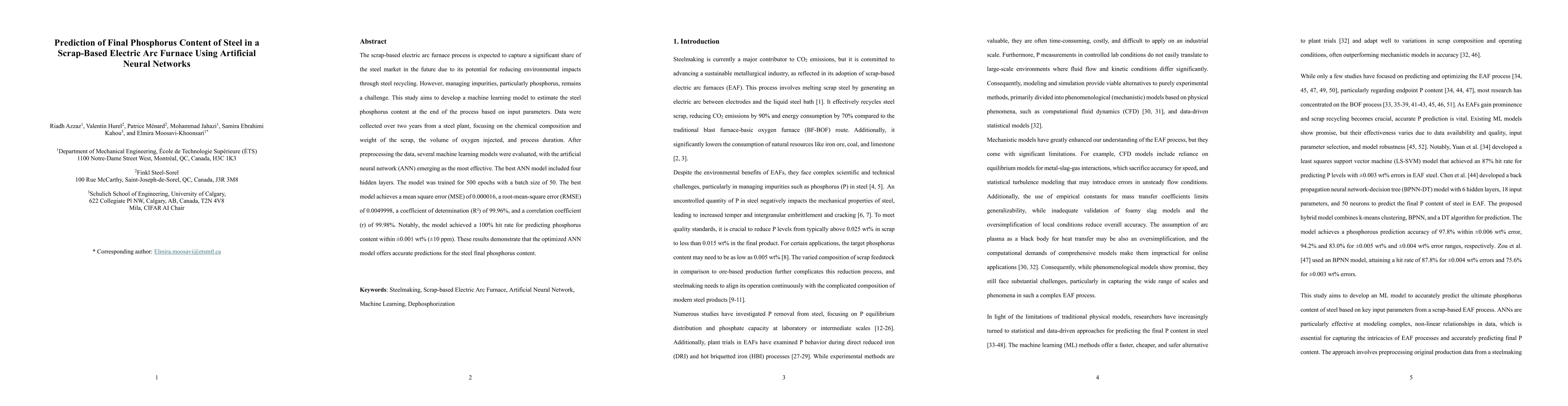Thumbnail for Prediction of Final Phosphorus Content of Steel in a Scrap-Based
  Electric Arc Furnace Using Artificial Neural Networks