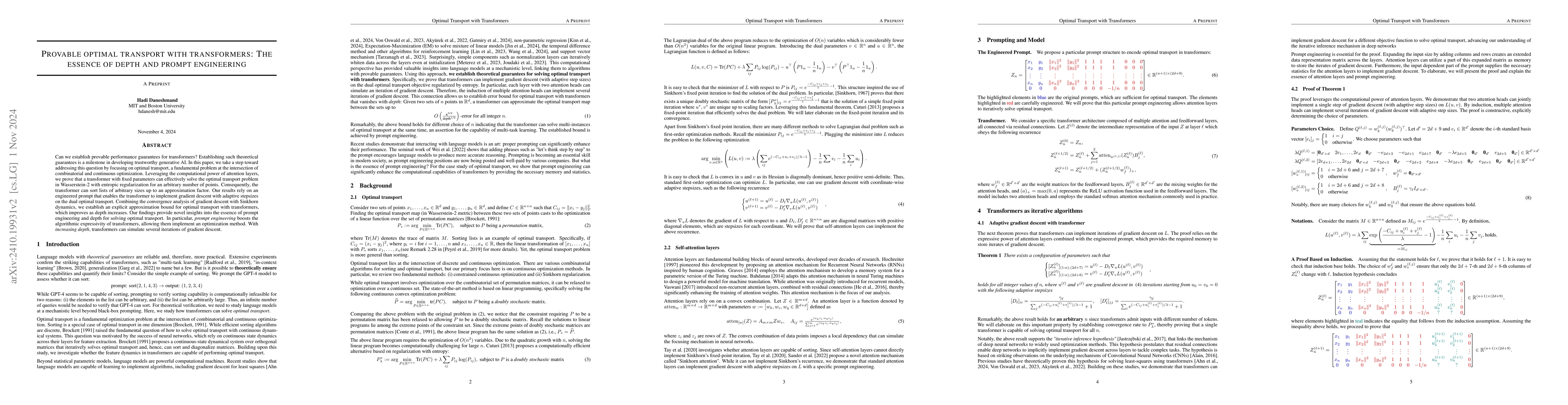 Thumbnail for Provable optimal transport with transformers: The essence of depth and
  prompt engineering