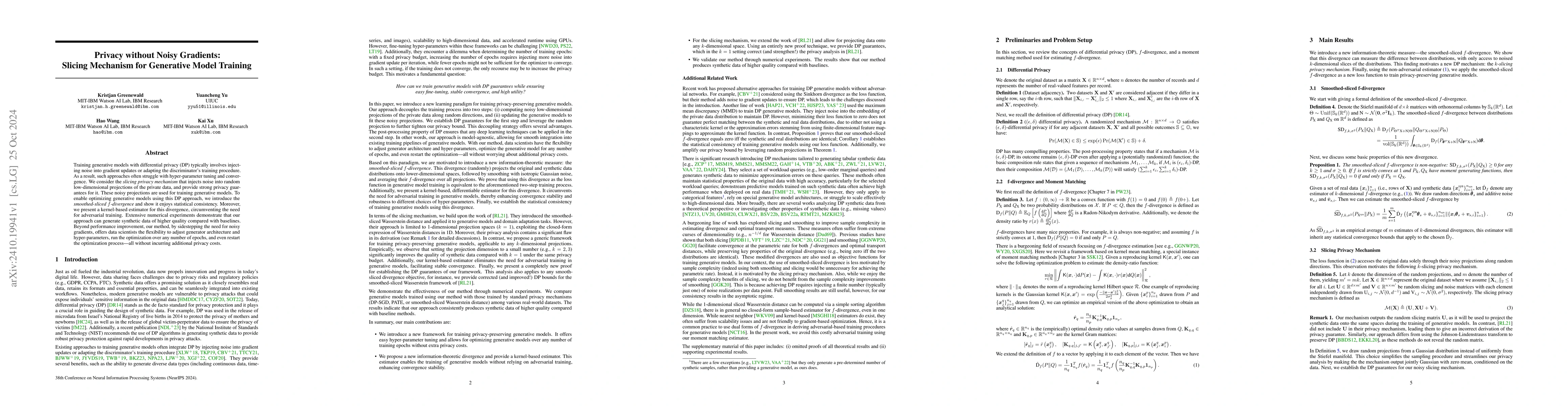 Thumbnail for Privacy without Noisy Gradients: Slicing Mechanism for Generative Model
  Training