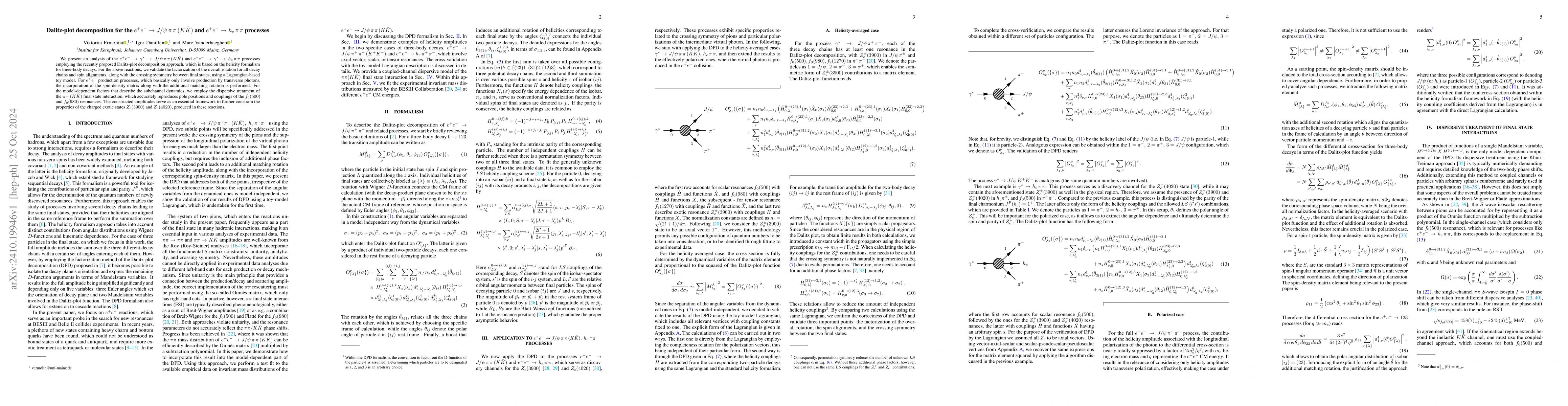 Thumbnail for Dalitz-plot decomposition for the $e^+ e^- \to J/ψ\, π\, π\,
  (K \bar{K})$ and $e^+ e^- \to h_c \, π\, π$ processes