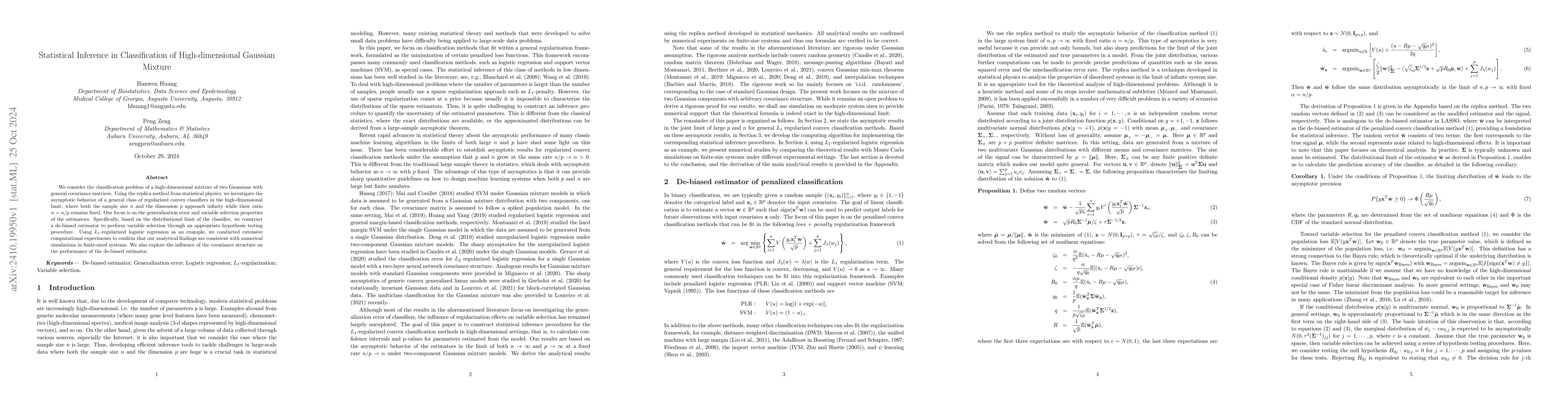 Thumbnail for Statistical Inference in Classification of High-dimensional Gaussian
  Mixture