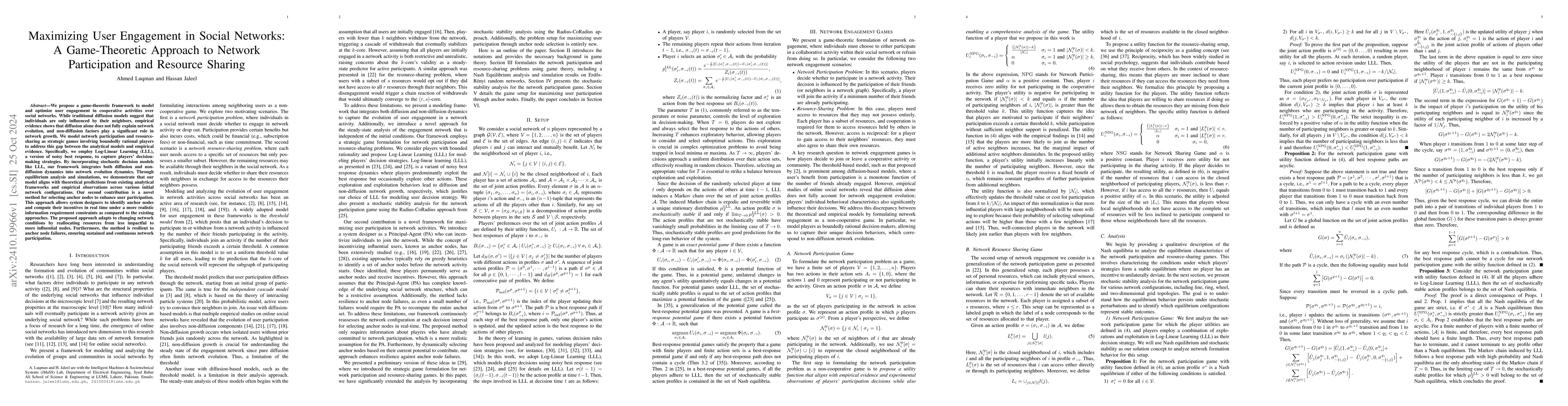 Thumbnail for Maximizing User Engagement in Social Networks: A Game-Theoretic Approach
  to Network Participation and Resource Sharing