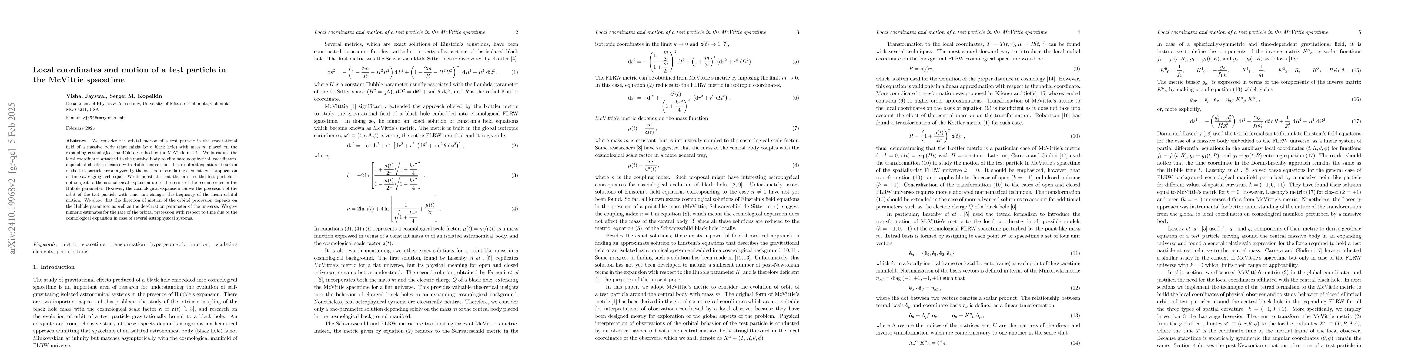 Thumbnail for Local coordinates and motion of a test particle in the McVittie
  spacetime