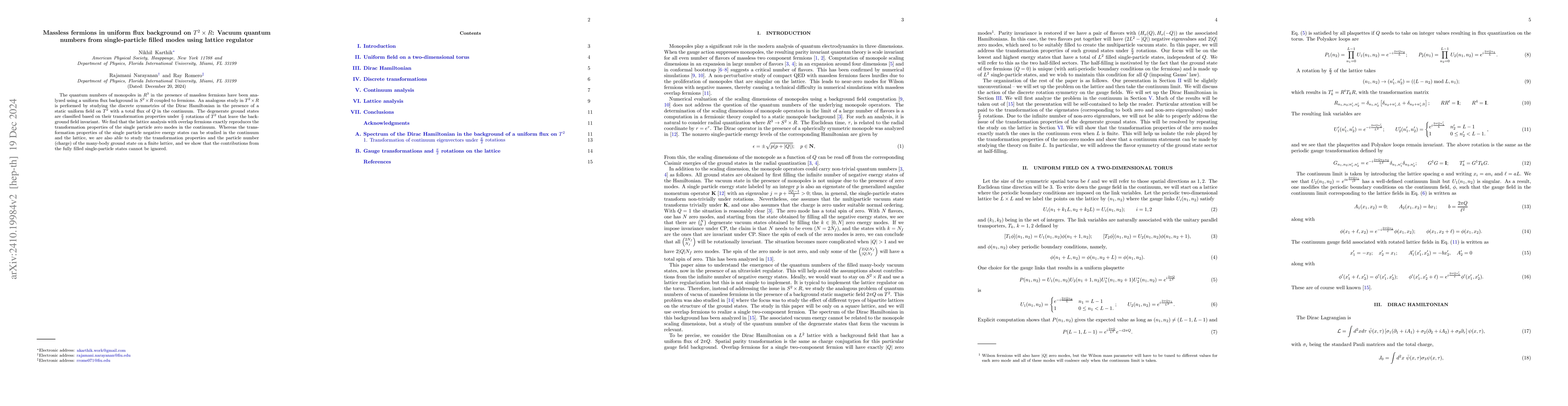 Thumbnail for Massless fermions in uniform flux background on $T^2\times R$: Vacuum
  quantum numbers from single-particle filled modes using lattice regulator