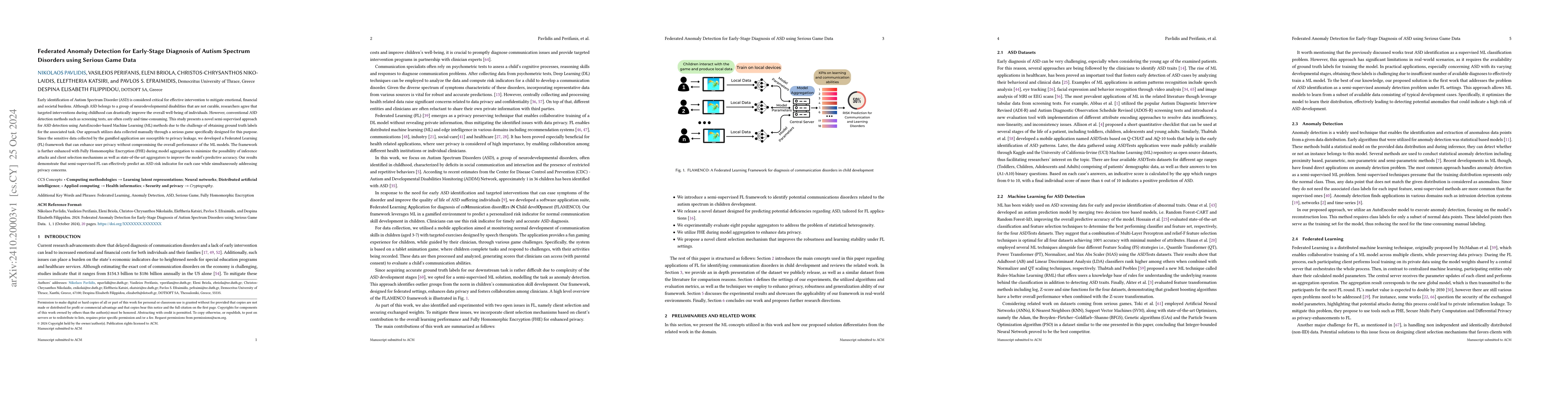 Thumbnail for Federated Anomaly Detection for Early-Stage Diagnosis of Autism Spectrum
  Disorders using Serious Game Data