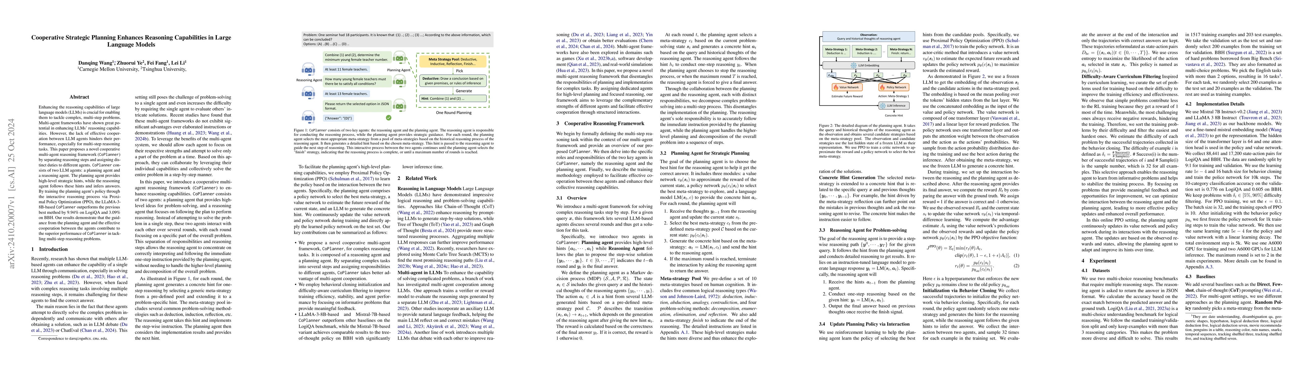 Thumbnail for Cooperative Strategic Planning Enhances Reasoning Capabilities in Large
  Language Models