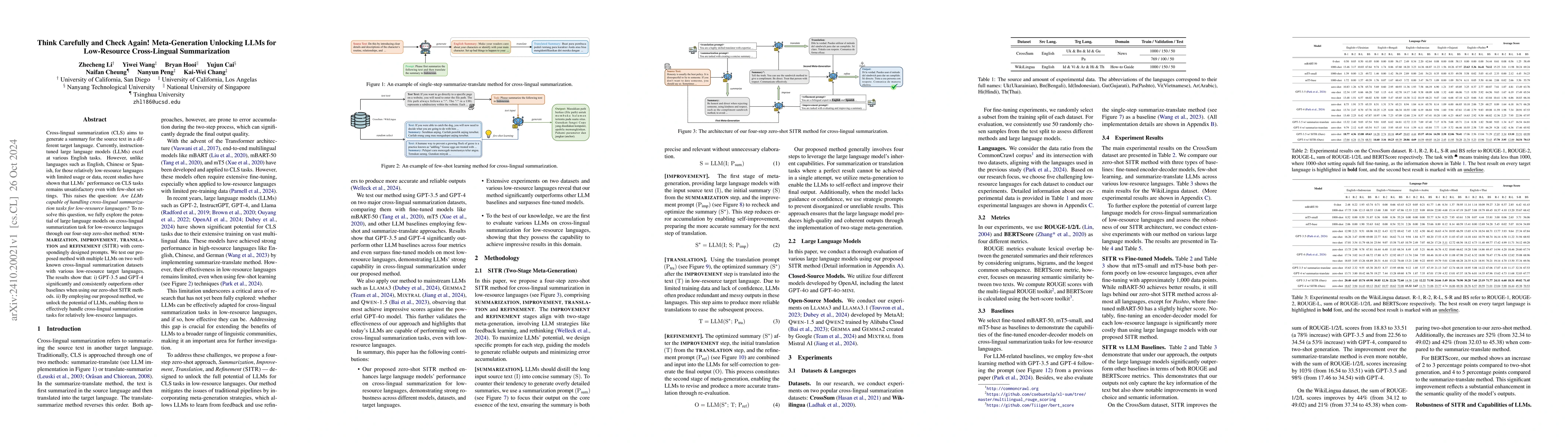 Thumbnail for Think Carefully and Check Again! Meta-Generation Unlocking LLMs for
  Low-Resource Cross-Lingual Summarization