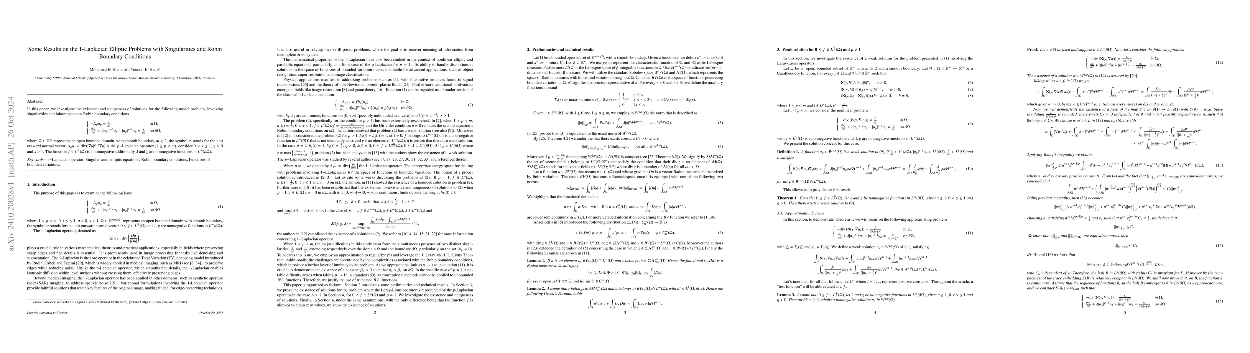 Thumbnail for Some Results on the $1$-Laplacian Elliptic Problems with Singularities
  and Robin Boundary Conditions