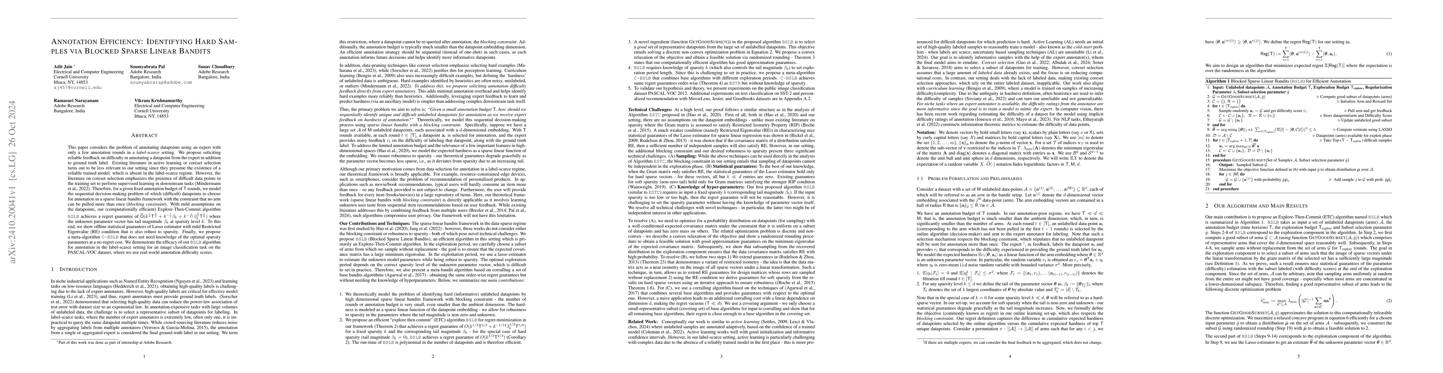 Thumbnail for Annotation Efficiency: Identifying Hard Samples via Blocked Sparse
  Linear Bandits